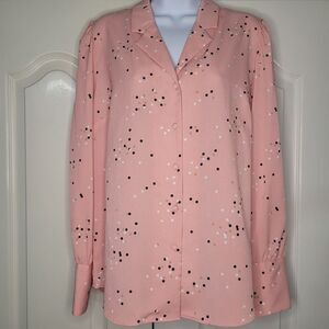 Investments Blouse Pink Polka Dot Button Down Medium Decorative Buttons Work NWT